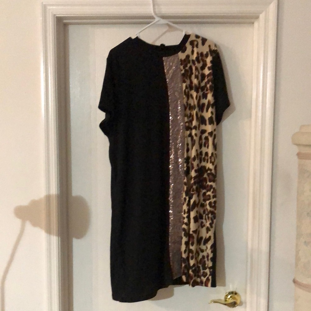 Black and Leopard Print Dress with Sequin Detail